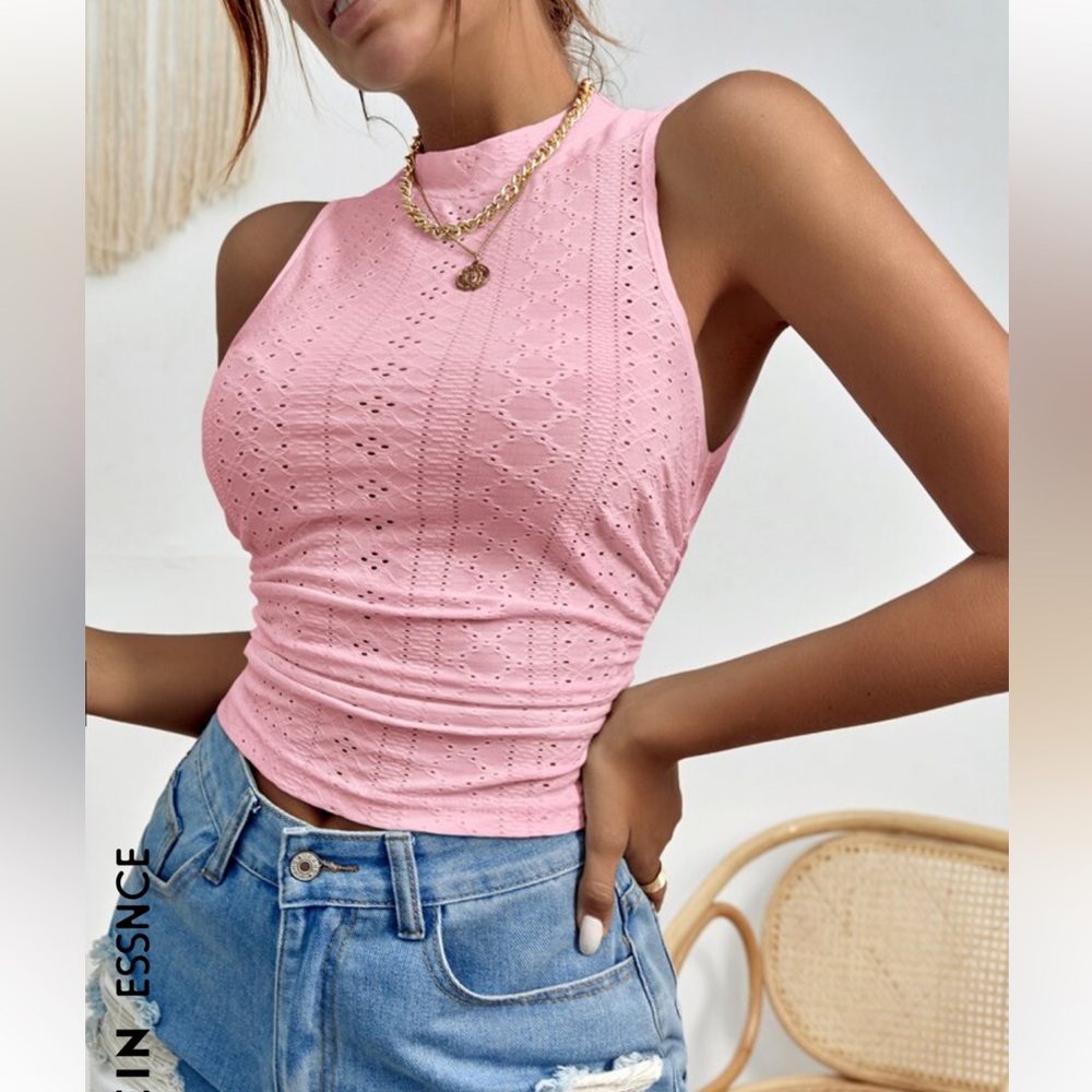 Pink Eyelet Ruched Crop Tank Top – Size L – Summer Cottagecore Top